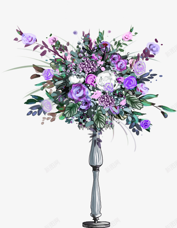 紫色花艺桌花png免抠素材_新图网 https://ixintu.com 桌花 紫色花艺 花器 银色透明玻璃