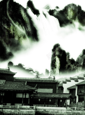 中国风古村高山绿色背景背景