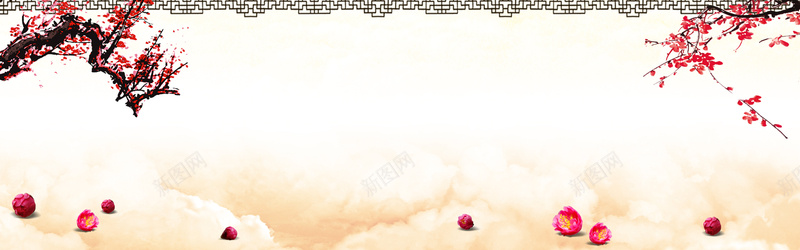 水墨画背景psd设计背景_新图网 https://ixintu.com 中国风 花边 梅 云海 海报banner