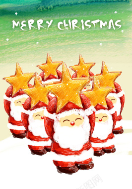 彩铅绘制一群举着星星的圣诞老人背景背景