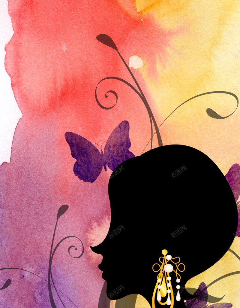 女人剪影与花纹水彩H5海报psd设计背景_新图网 https://ixintu.com 卡通 女人剪影 手绘 水彩 童趣 花纹