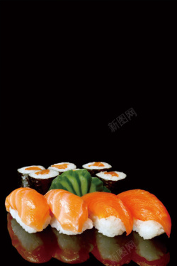 海报三文鱼黑色简约寿司海鲜美食海报背景高清图片