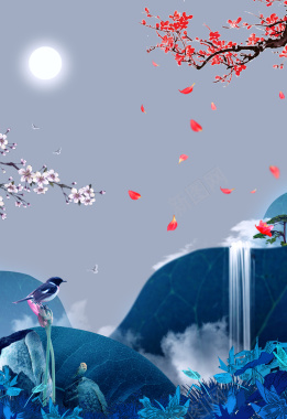 中国风梅花花瓣下的瀑布背景素材背景