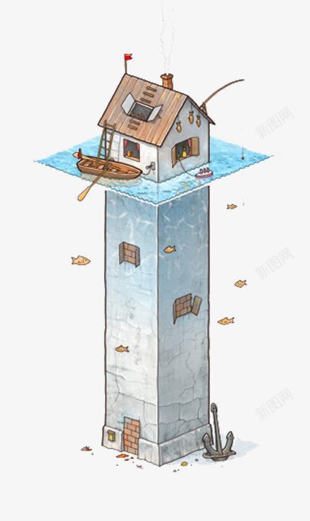 卡通水上房子png免抠素材_新图网 https://ixintu.com 划船 小船 房子 河水