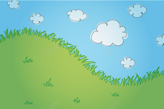 卡通手绘绿草蓝天自然郊游背景矢量图背景