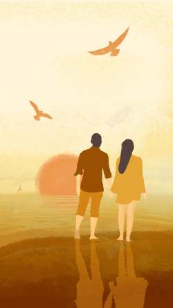 日落插画情人爱情夕阳卡通手绘插画背景高清图片