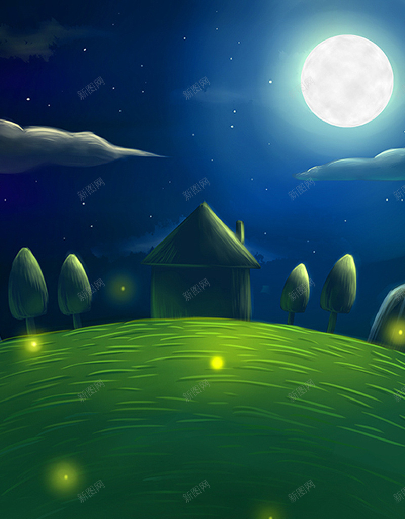 夜景H5背景jpg设计背景_新图网 https://ixintu.com 卡通 夜景 房子 树木 草坪 H5背景 月亮 H5 h5 童趣 手绘