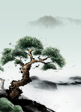 中国风水墨松树背景元素海报背景