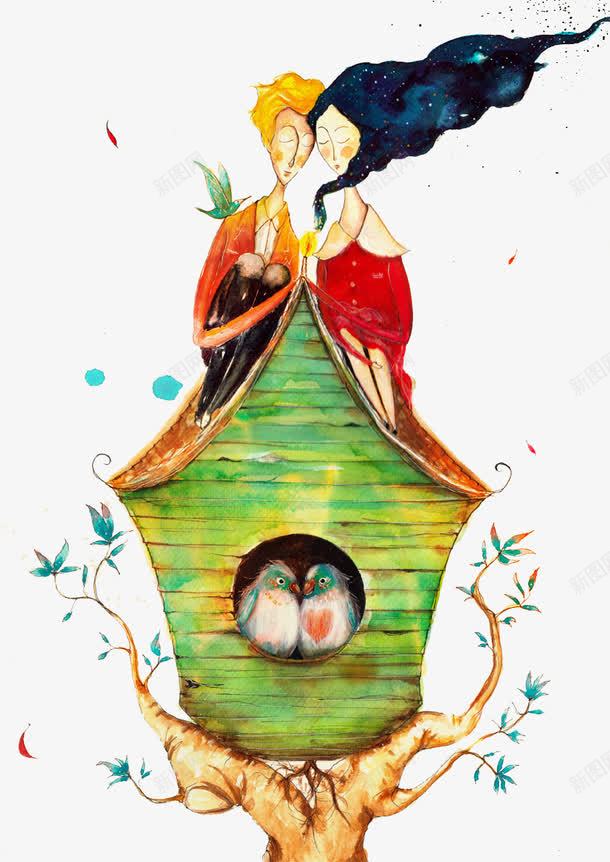 手绘蹲在鸟房子上的男女图png免抠素材_新图网 https://ixintu.com 