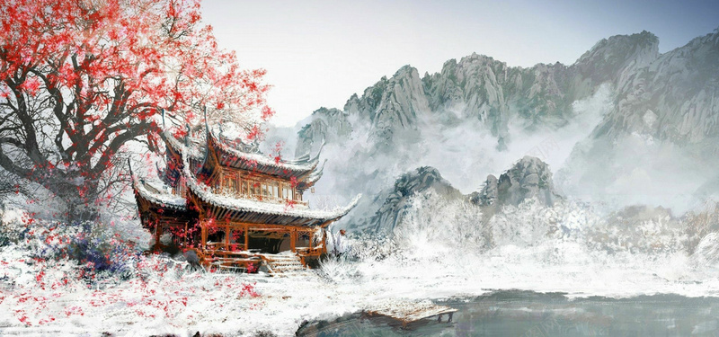 中国风雪景背景jpg设计背景_新图网 https://ixintu.com 中国风 雪景 唯美 海报banner 庙宇