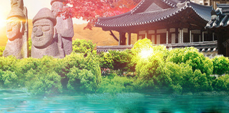 国外旅游H5海报素材jpg设计背景_新图网 https://ixintu.com 韩国首尔 建筑 大树 湖泊 蓝色 红色 旅游海报 旅游