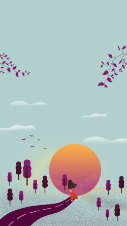 日落紫色背景原创夕阳无限好手绘高清图片