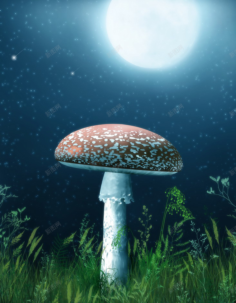 蓝色梦幻蘑菇jpg设计背景_新图网 https://ixintu.com 月亮 梦幻 蓝色 蘑菇 质感 纹理