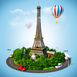 铁塔设计图埃菲尔铁塔热气球汽车植物组合图高清图片