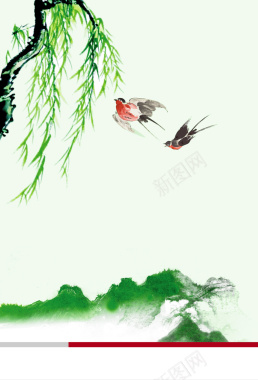 绿色水墨山水杨柳端午节海报背景背景