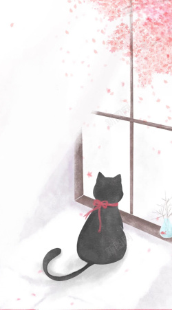 粉色窗台小黑猫简约插画背景高清图片
