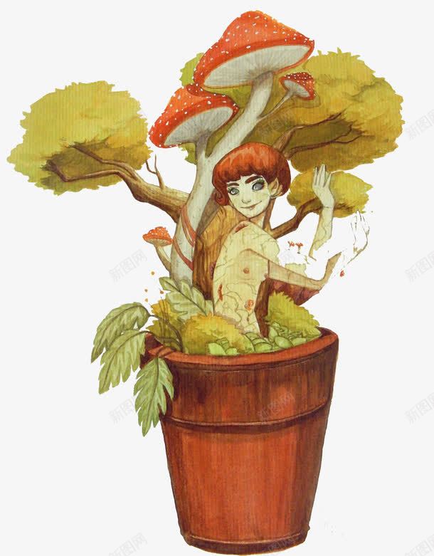 卡通彩绘木桶植物和人png免抠素材_新图网 https://ixintu.com 人 卡通彩绘木桶 植物