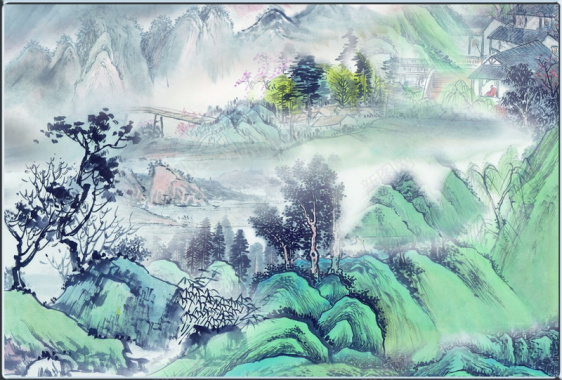 中国风国画山水素描背景