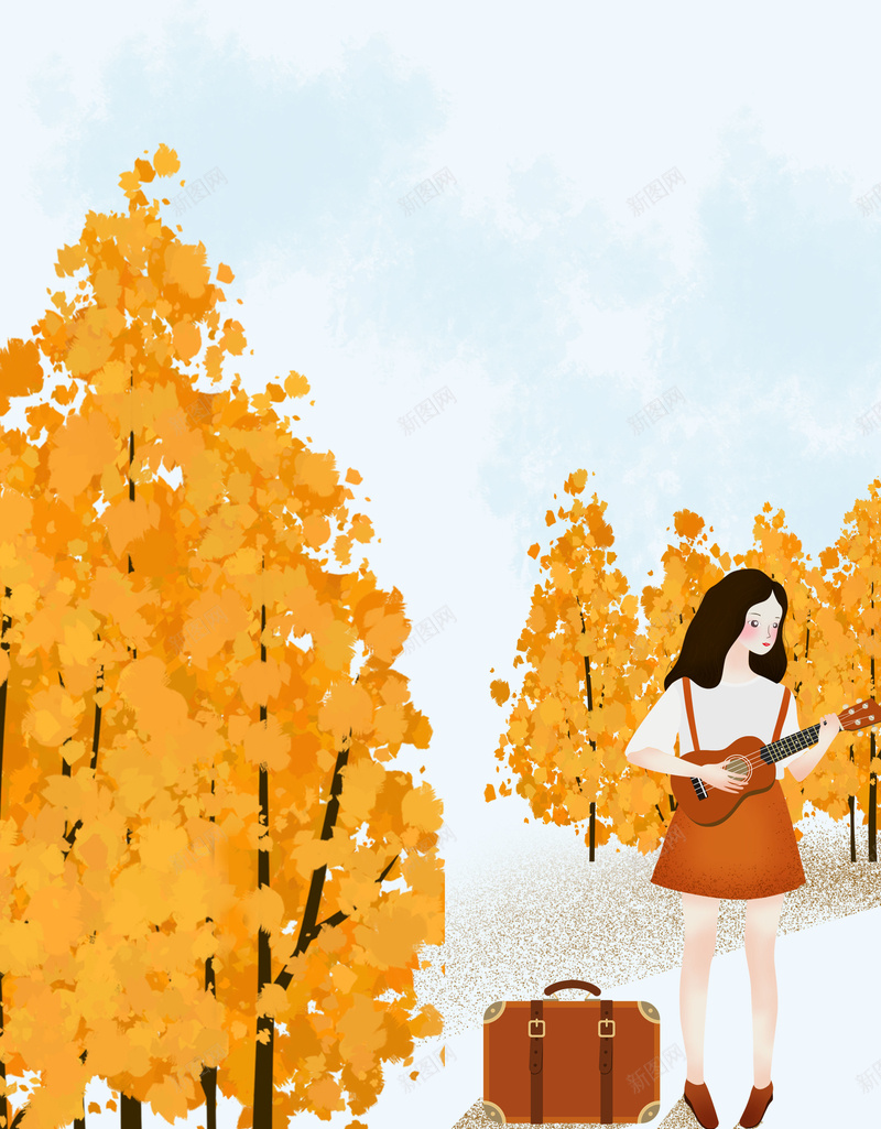 卡通深秋旅行插画海报背景psdpsd设计背景_新图网 https://ixintu.com 海报背景 深秋插画 卡通 旅行 深秋 psd 小女孩 行李箱 小提琴