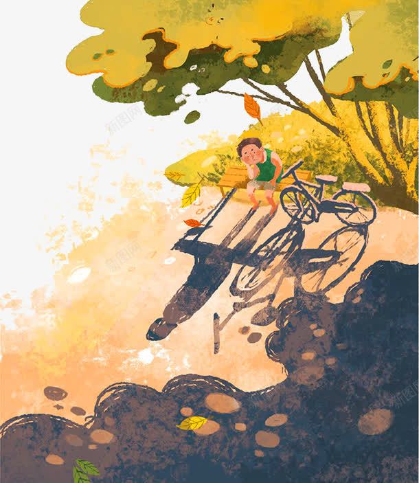 树底下骑车的男孩png免抠素材_新图网 https://ixintu.com 儿童 卡通 彩绘树木 手绘背景 骑车的男孩