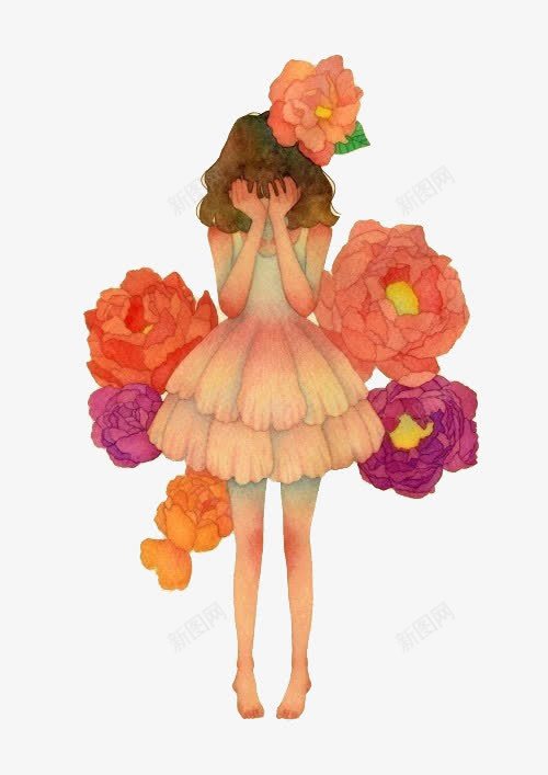 女孩png免抠素材_新图网 https://ixintu.com 彩色 手绘 晕染 花卉 花朵 连衣裙