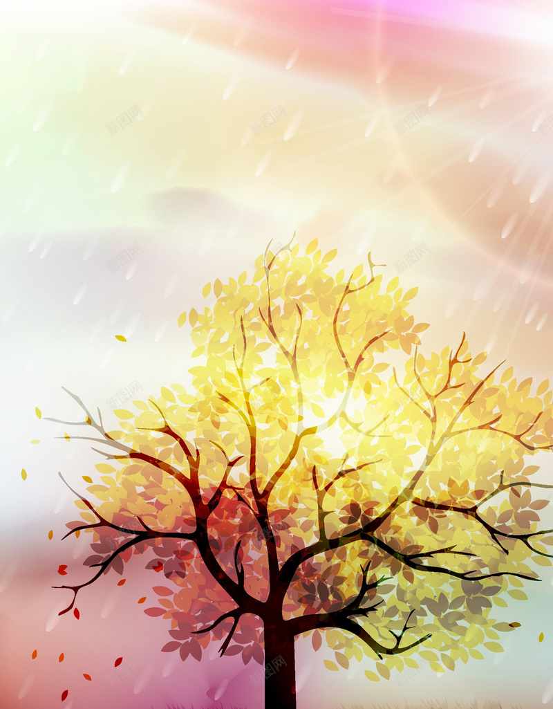 金色大树H5背景jpg设计背景_新图网 https://ixintu.com 大树 天空 水彩 金色 雨滴 H5背景 手绘 H5 h5 卡通 童趣