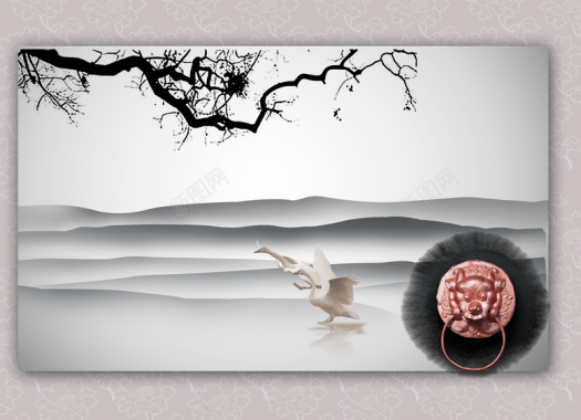 中国风水墨画山水白鹅米粉色背景素材背景