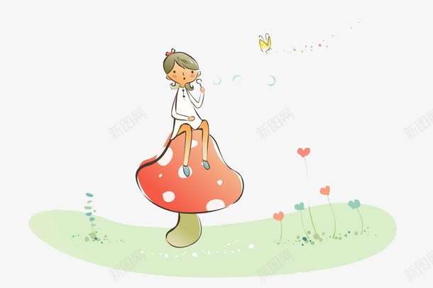 坐在蘑菇上的孩子png免抠素材_新图网 https://ixintu.com 卡通 孩子 手绘 植物 绿色 蘑菇