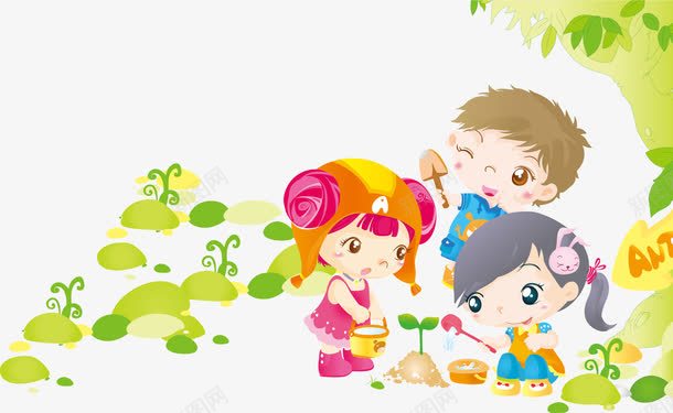 小伙伴种树png免抠素材_新图网 https://ixintu.com 卡通 小伙伴 种树 绿色