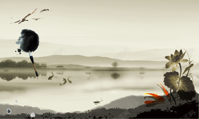 中国古典文艺山水海报背景