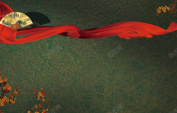 绣花戏服中国风古典花纹红丝绸绣花折扇背景素材背景