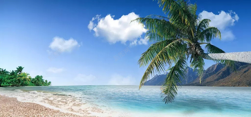 自然风景图jpg设计背景_新图网 https://ixintu.com 蓝天 白云 椰树 海滩 沙滩 海水 山 树林 海报banner 摄影 风景