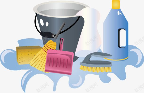 打扫卫生用具png免抠素材_新图网 https://ixintu.com 卫生桶 卫生用具 打扫卫生 扫帚