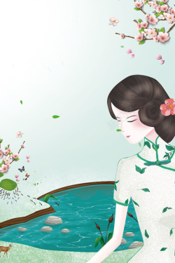 旗袍女装绿色中国风手绘古典旗袍人物背景高清图片