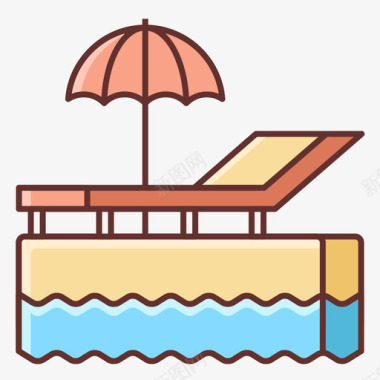 日光浴床夏季旅行线性颜色图标图标
