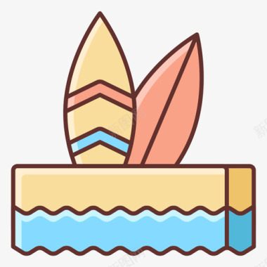 冲浪夏季旅行线性颜色图标图标
