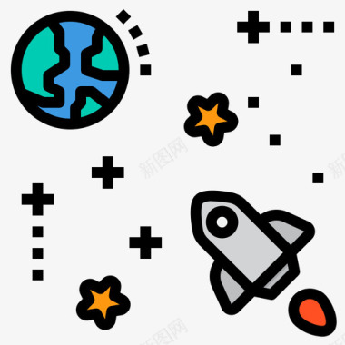 火箭太空和星系线性颜色图标图标