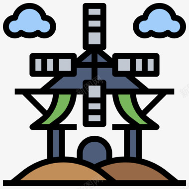 Kinderdijk风车世界地标4线性颜色图标图标
