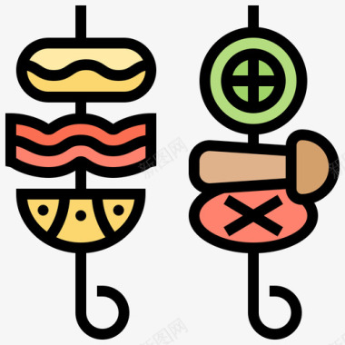 烤肉串烧烤和烧烤派对3线性颜色图标图标