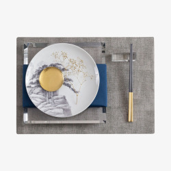 金餐具Koket蔻可样板房间中式餐具套装餐桌摆台金蓝色山高清图片