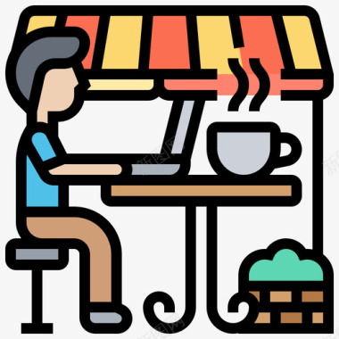 咖啡店数码游牧民11线性颜色图标