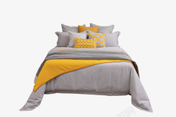 低调的黄色现代轻奢样板房间黄色床上用品低调奢华软装床品多件套高清图片