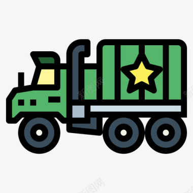 军用卡车士兵9线性颜色图标