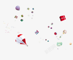 彩色卡通3D热气球礼盒漂浮立体元素素材