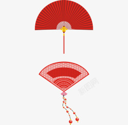 中国风扇子透明红色木雕扇子扇子喜庆中国结传统纹样素材