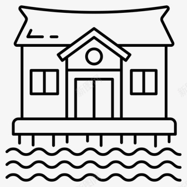海滩别墅室内和建筑线矢量图标图标