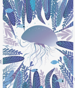 水彩卡通手绘海底海洋鲸鱼植物矢量印刷AI图案剪贴画素材