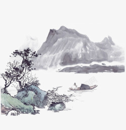 中国古风水墨山水免扣透明插画后期美化PS设计377素材