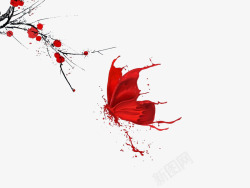 红色蝴蝶写意红梅水彩泼墨动植物壁纸绘画好图收集一切素材
