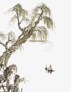 中国古风水墨柳树柳枝透明后期美化装饰设计158中国素材